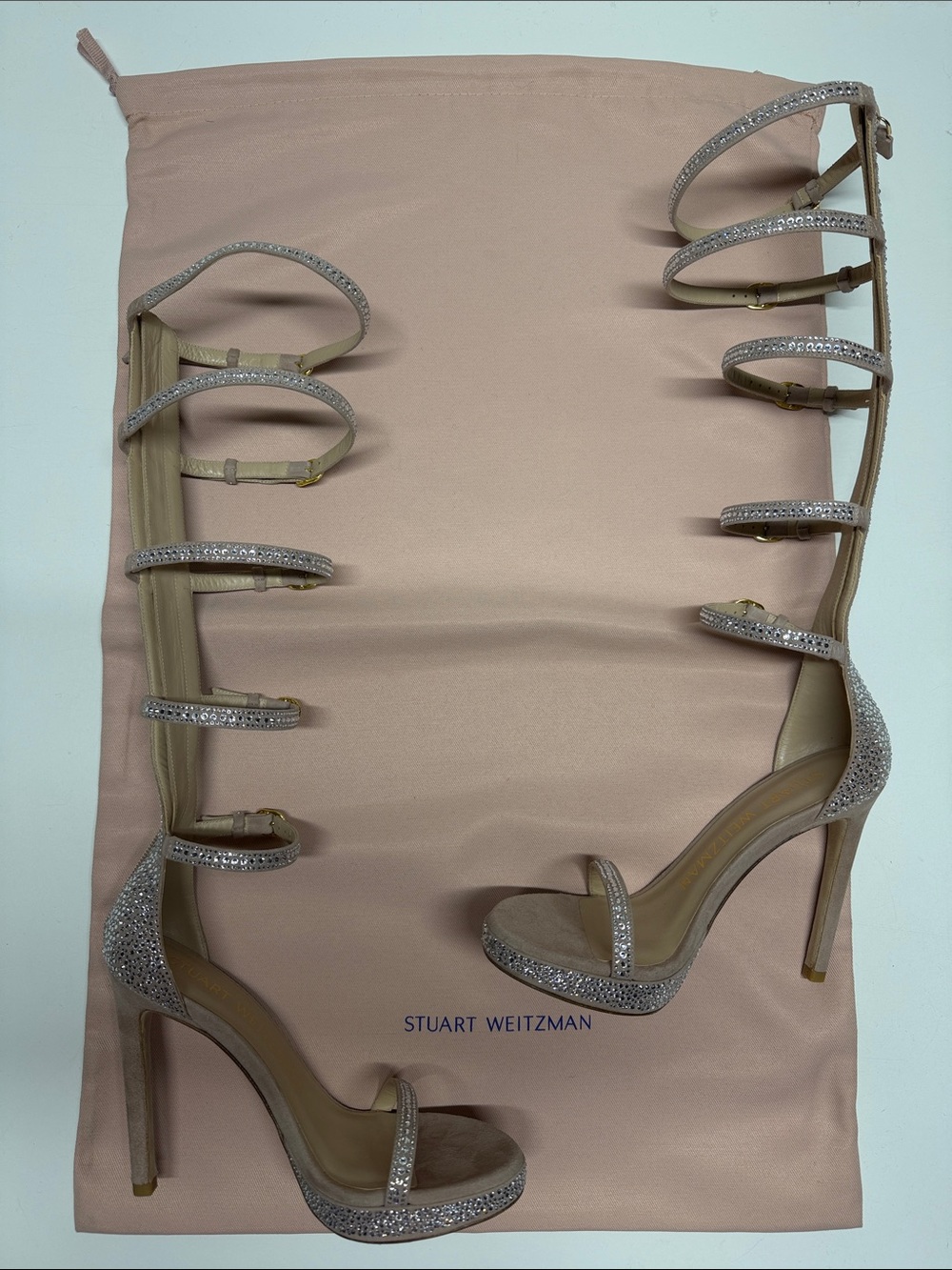 Stuart Weitzman Dolce Nudist Disco Crystal Gladiator High Heel Shoes Size 6.5